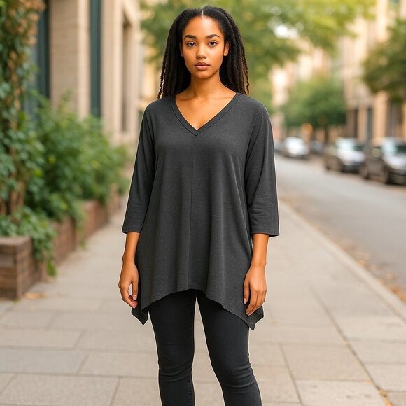 Garnet Hill Charcoal V-Neck 3/4 Sleeve Tunic/Dress, L - Picture 1 of 9